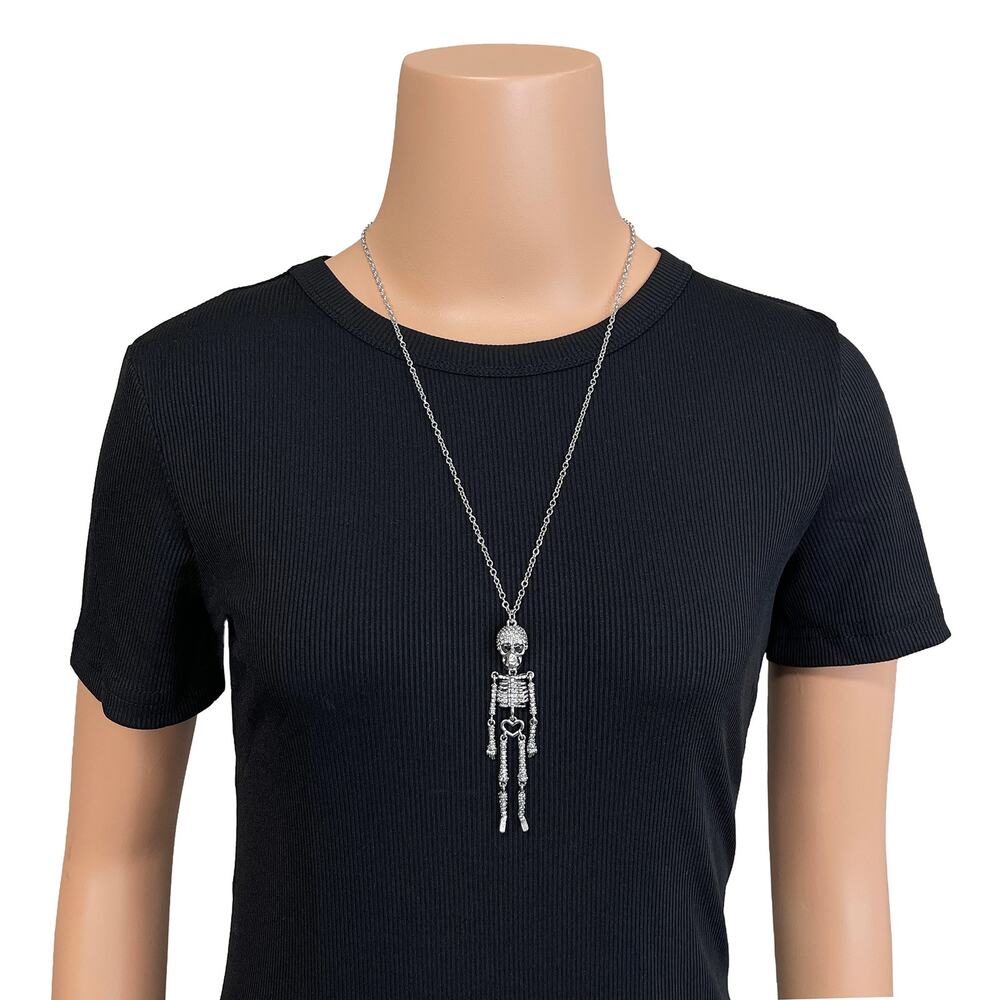 Betsey Johnson Crystal Skeleton Necklace New $58 Halloween Silver Rhinestones - Picture 2 of 8